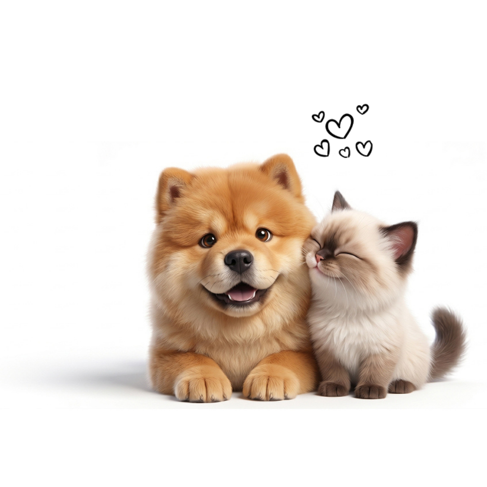 Animated image showing Fawn color chow chow puppy sitting with a Ragdoll kitten by touching each other cheeks with white background.