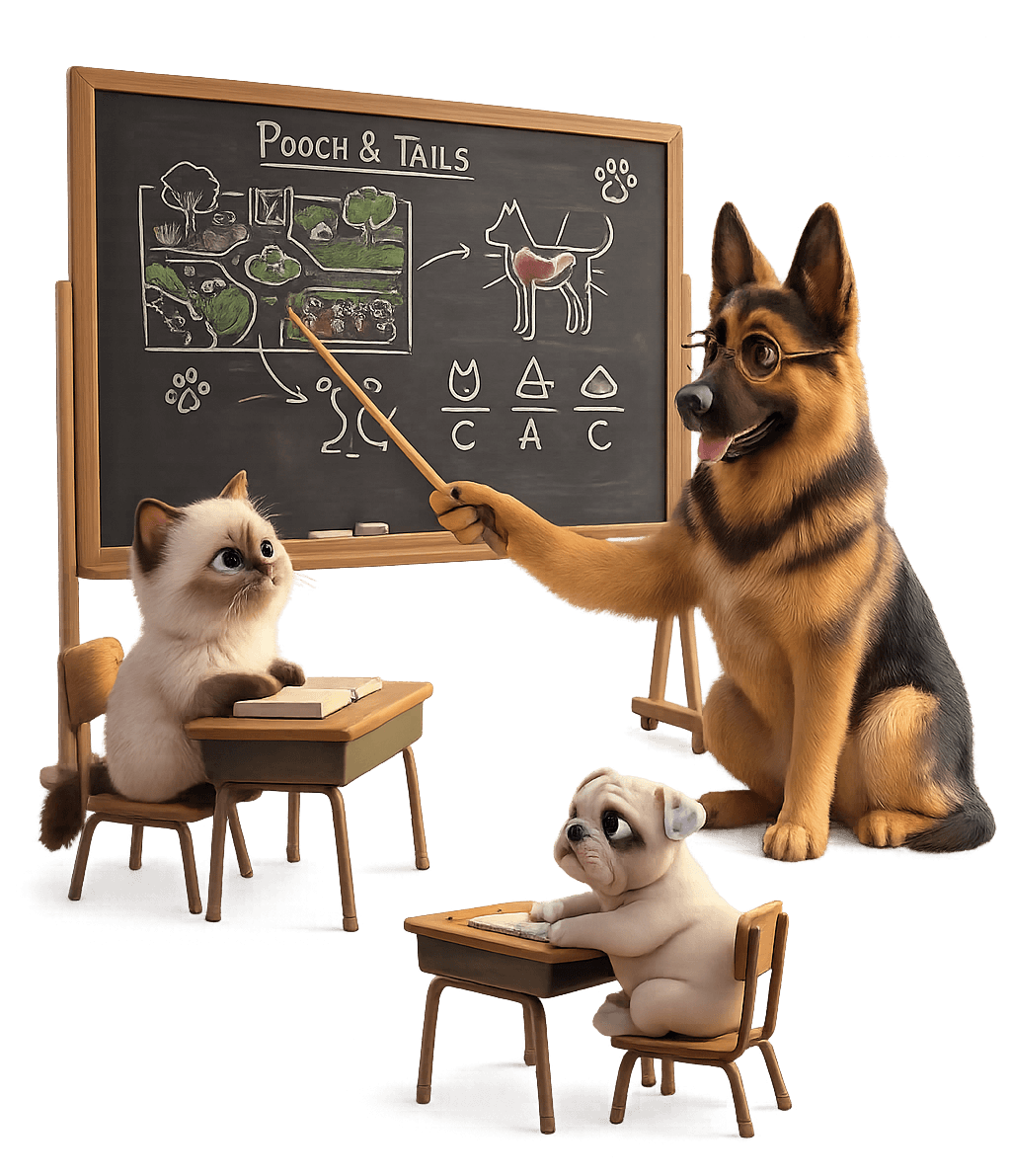 Image showing a classroom scene with white background where a German shepherd is teaching a Ragdoll kitten and bulldog puppy.