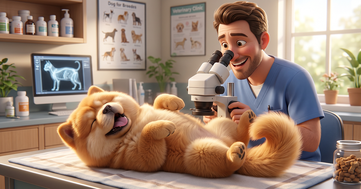 A fawn color chow chow puppy lying with belly up in happy mood and getting checked by vet doctor by stereoscope.