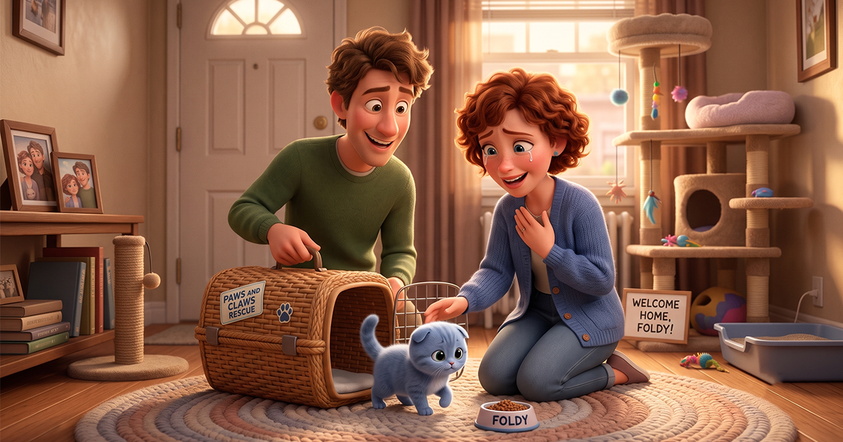 Things to Prepare Before Getting a Cat Home: The Complete Guide Animated image showing husband and wife bringing home a Scottish Fold kitten first time.