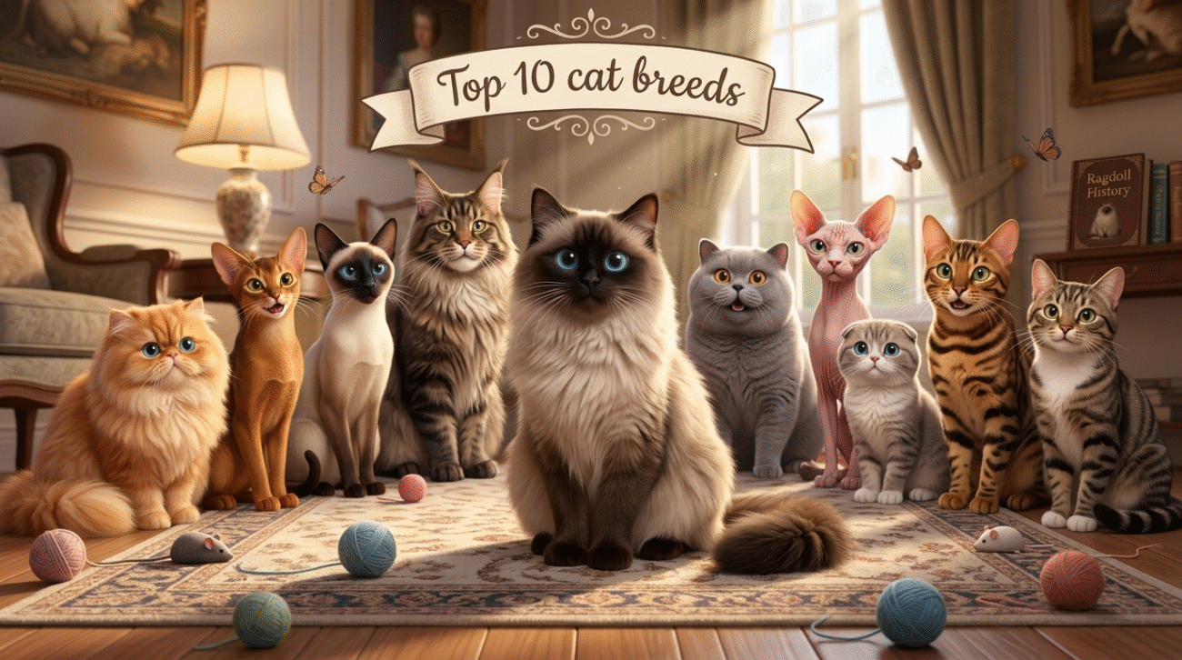 Top 10 Cat Breeds in India: A Comprehensive Guide for Cat Lovers An animated image showing different cat breeds such as Ragdoll Cat, Persian Cat, Siamese Cat, 5. British Shorthair Cat with text on top "Top 10 Cat Breeds".