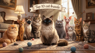 An animated image showing different cat breeds such as Ragdoll Cat, Persian Cat, Siamese Cat, 5. British Shorthair Cat with text on top "Top 10 Cat Breeds".