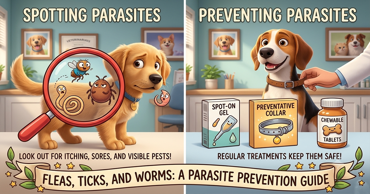 Basic Dog Health Problems and Solutions: A Pet Parent’s Guide to Keeping Your Dog Healthy Animated image spilt in two parts, in first part it is showing puppy having ticks and parasites and in part to it is showing preventive medications spot on and bravecto tablets, with text overlay written Fleas, Ticks and worms: A Parasite Prevention Guide.