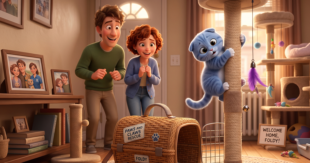 Things to Prepare Before Getting a Cat Home: The Complete Guide An animated image showing cat climbing on cat tree toy at home and owners getting happy seeing her busy with essentials.