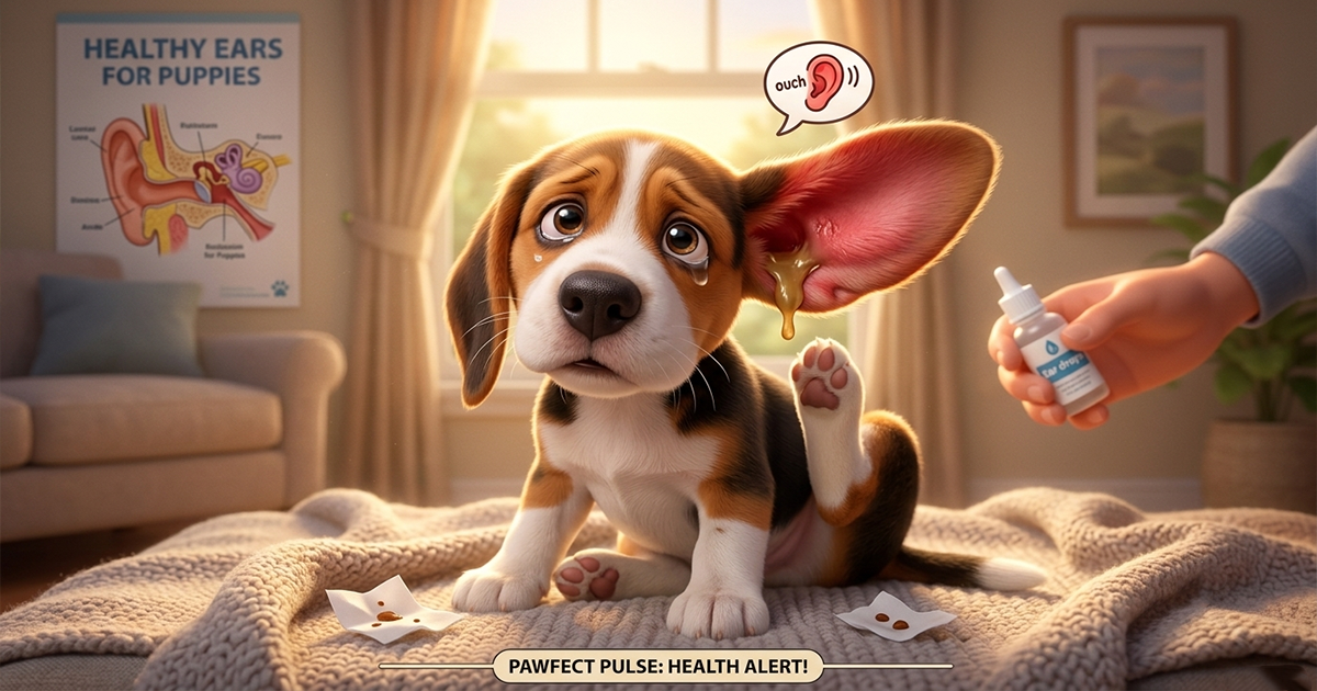 Basic Dog Health Problems and Solutions: A Pet Parent’s Guide to Keeping Your Dog Healthy An animated image showing a scene of a living room where a Beagle puppyscratching his ear, with healthy ear chart on wall behind, with infected ear sign above dog ear.