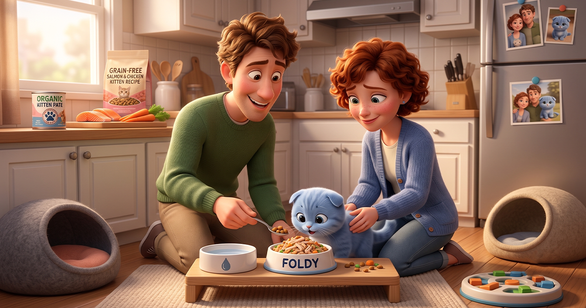 Things to Prepare Before Getting a Cat Home: The Complete Guide An animated image showing owners feeding Scottish Fold kitten with healthy meal.