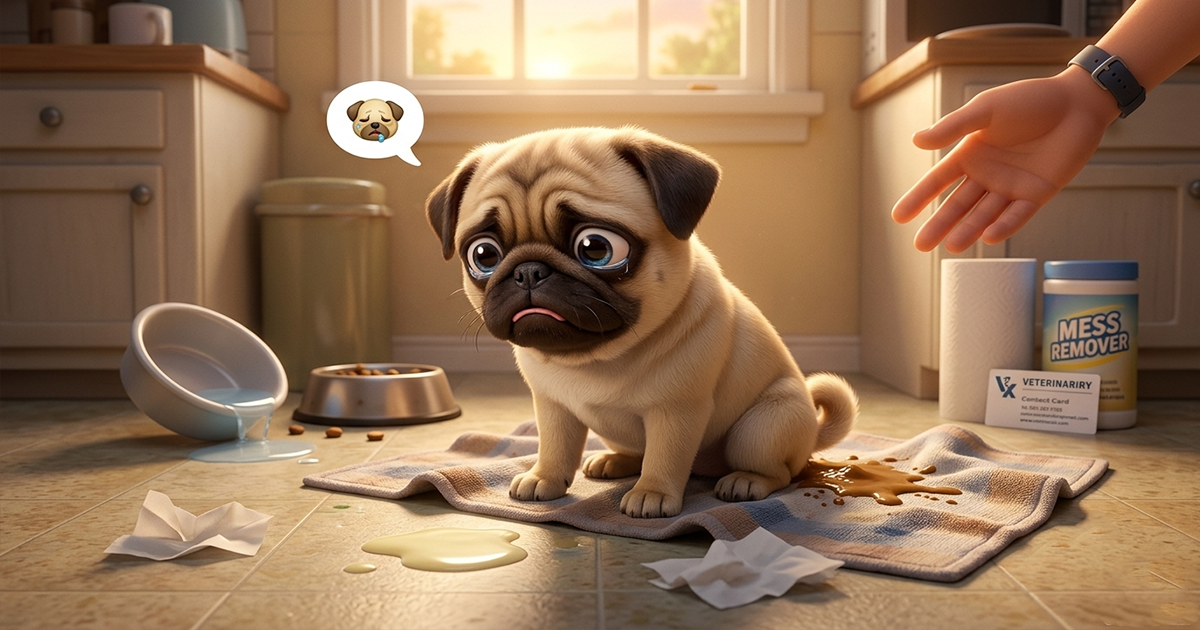 An animamted image showing scene of a home in natural day light where a pub puppy sitting on a floor appearing sic and showing symptoms of Diarrhea and Vomiting.