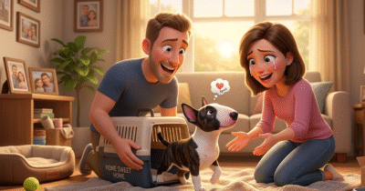 Animated image of a living room in which couple bringing home a cute bullterrier puppy. for the first time as new pet parent.