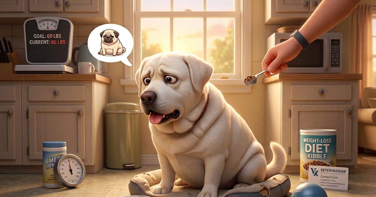 Basic Dog Health Problems and Solutions: A Pet Parent’s Guide to Keeping Your Dog Healthy An animated image showing scene of a home in natural day light where a overweight Labra dog is sitting on his bed and struggling with over weight.