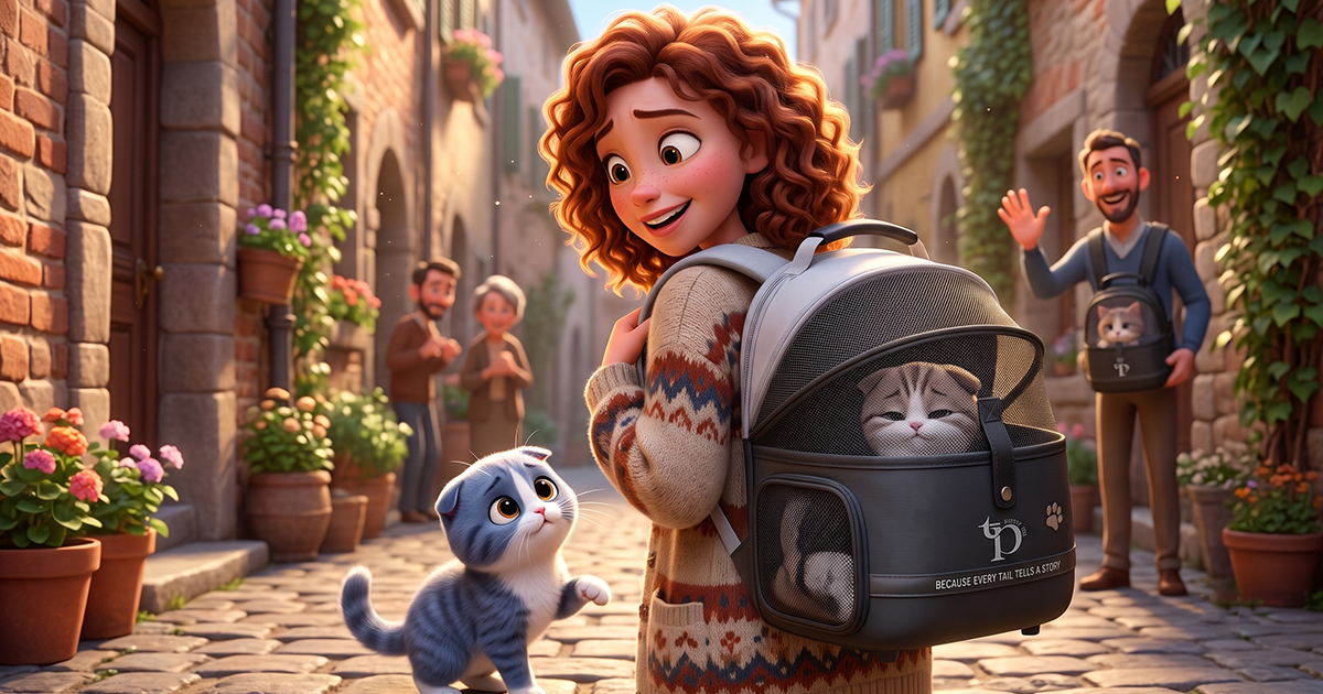 Things to Prepare Before Getting a Cat Home: The Complete Guide A animated image showing a street scene where a Scottish Fold kitten standing and look at a women with Pooch & Tails Cat carrier bag on her shoulders inside which a cat is sitting.