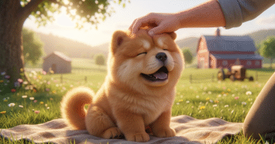 Fawn color chow chow puppy sitting in a green land and getting massage on his head with a natural day light.